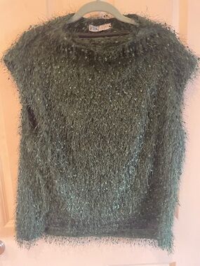 Zara Green Fuzzy Eyelash Crew Neck Sweater